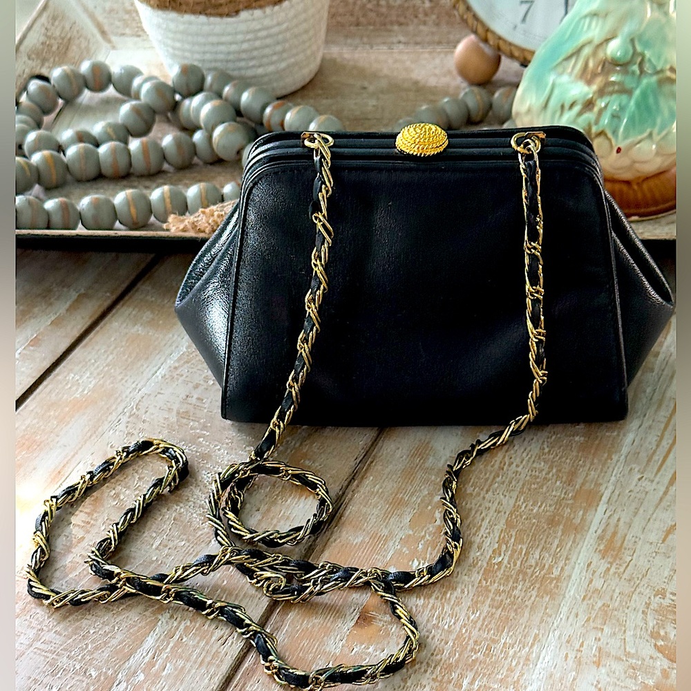 Vintage Monet Black Leather Handbag Rare & Elegant Excellent Condition